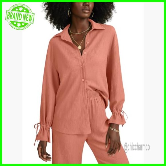 Long Sleeve Button Down Blouse & Wide Leg Pants Set, Medium - Picture 3 of 7